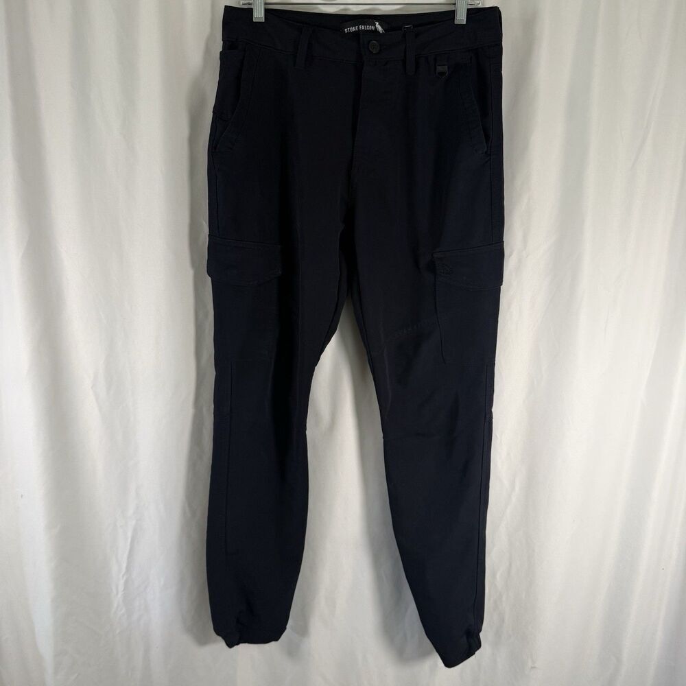 Stone Falcon Cargo Pants Men's 32 Black Flat Front Tactical Button Zip Tapered